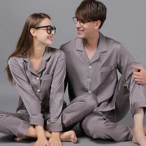 Couples silk satin pajamas set with floral damask pattern in dark lilac color
