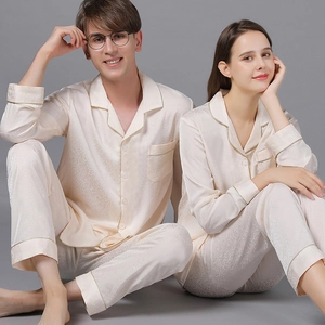 Silk-satin couple pajama set with champagne paisley jacquard and gold piping trim