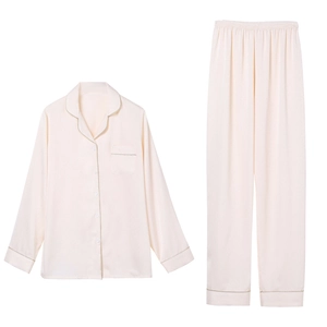 Women's cream silk pajama set with long sleeves and delicate floral jacquard texture