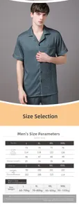 Men's ice silk pajama set size chart showing measurements for short sleeve top and pants