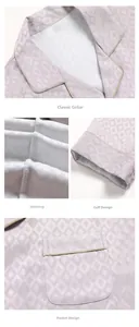 Detail view of lavender ice silk pajama set with geometric jacquard and gold trim