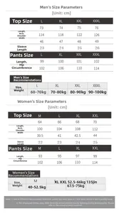 Detailed size chart for men and women silk pajamas set with metric measurements