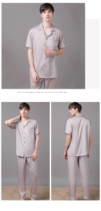 Detailed views of men's ice silk pajama set featuring diamond jacquard pattern and lapel