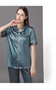 Détail du pyjama en soie sarcelle avec liseré rose contrasté et boutons élégants