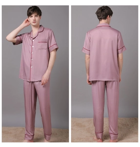 Front and back view of men's short sleeve pajamas set in purple jacquard silk