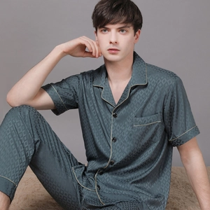 Men's ice silk pajama set with short sleeves, long pants, and geometric diamond patterns