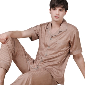 Men's champagne silk pajama set featuring short sleeves and checkered satin trousers