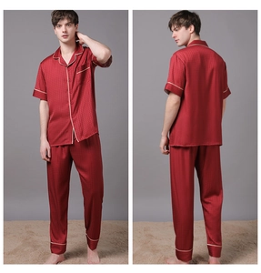 Front and back view of men's dark red satin silk pajamas with luxury gold piping detail