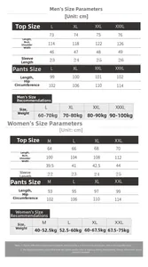 Detailed size chart for men and women silk pajamas set with metric measurements in cm
