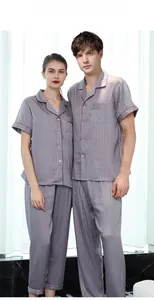 Silver striped ice silk pajamas set with short sleeves and pants for couples