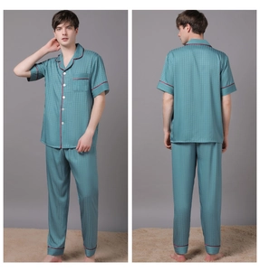 Front and back view of men's short sleeve pajamas set with houndstooth texture in cyan blue