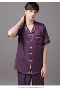 Detail of dark purple men's ice silk pajama set with subtle houndstooth texture