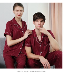 Detail of silk pajamas in burgundy with white piping and vertical stripe texture