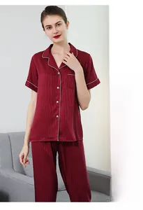Close-up of luxury dark red striped silk satin pajamas with short sleeves and white piping