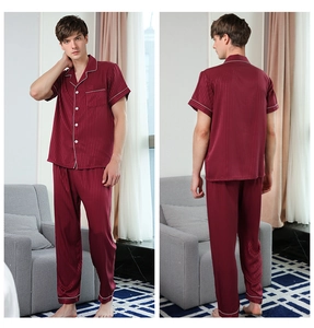 Front and back view of men's burgundy satin pajama set with white piping and stripes