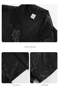 Detail view of black leopard jacquard pajama showing collar, hem vents, and soft fabric