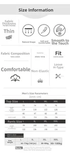 Size chart for men's silk pajama set with detailed top and pants measurements
