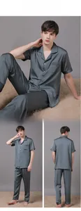 Men's dark gray silk satin pajama set with short-sleeved button-down shirt and long pants