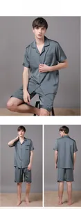 Detailed close-up of charcoal grey silk pajama set for men with smooth glossy fabric