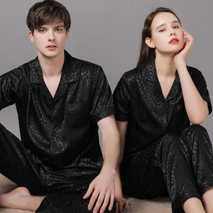 Couple Satin Pajamas Leopard Jacquard Short Sleeve Shirt And Long Pants Sleepwear For Men Women Home Lounge Wear
