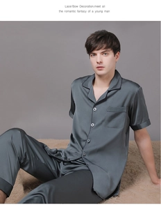 Classic men's silk satin pajama set with short sleeve top and long pants in grey