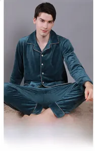 Detail of men's velvet waffle texture pajamas with contrast piping and button-down design