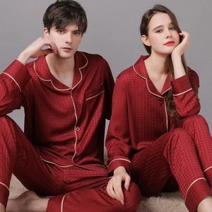 Luxurious Couple Pajamas Set Polyester Satin Houndstooth Pattern Long Sleeve Top And Bottom Homewear For Men And Women
