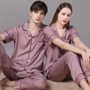 Elegant Houndstooth Satin Pajamas Top And Bottom For Couples Notched Lapel Contrast Piping Short Sleeve Long Pants Loungewear