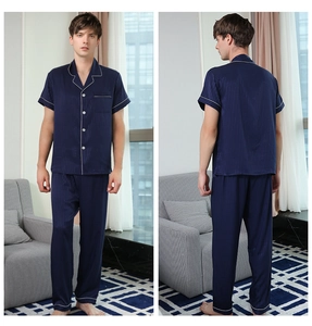Navy blue striped men's silk pajama set with short-sleeved top and long trousers detail