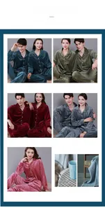Collage of plush velvet pajama sets for couples in blue, green, burgundy, grey, and rose