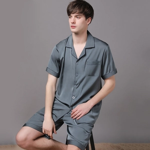 Men's Satin Pajamas Top And Bottom Short Sleeve Shorts Loungewear Notched Lapel Single Breasted Sleepwear Summer Nightwear