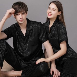 Couples black silk satin pajamas set with subtle leopard print for spring and summer