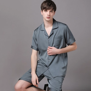 Men's silk satin pajama set with short-sleeved button-down shirt and matching shorts