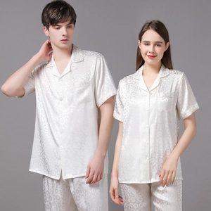 Elegant white leopard jacquard silk pajamas set for couples with short sleeves and pants