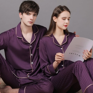 Deep purple silk-satin long pajama set for couples with houndstooth texture and piping