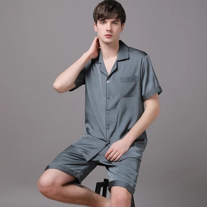 Men's silk-like short sleeve pajama set in dark grey featuring a smooth ice silk texture