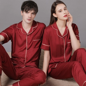 Short sleeve silk pajama set with red houndstooth pattern for men and women