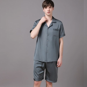 Men's dark grey silk satin pajama set with short sleeve button-down shirt and shorts