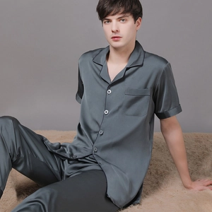 Men's Luxury Ice Silk Pajama Set Short Sleeve Top And Bottom Satin Sleepwear Solid Color Loungewear For Men