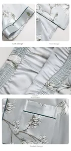 Detail of satin pajama fabric showing floral print, delicate piping, and pocket craftsmanship
