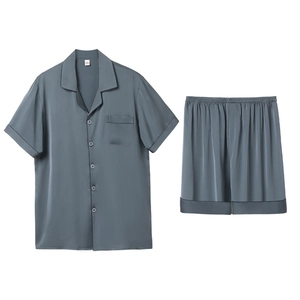 Men's dark grey silk satin short sleeve shirt and shorts pajama set with chest pocket