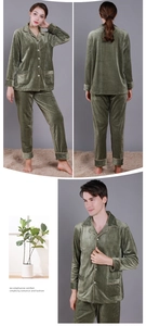Detail view of olive green waffle texture flannel pajamas with contrasting brown piping