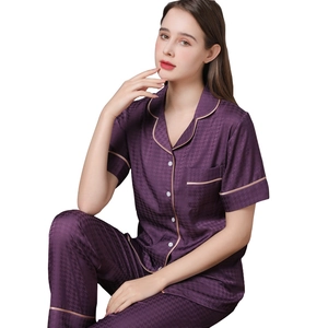 Women's purple silk satin pajama set with houndstooth pattern short sleeve top and pants