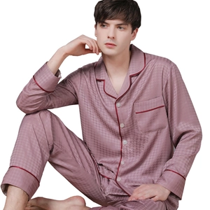 Men's silk satin pajama set with houndstooth jacquard texture and contrast piping
