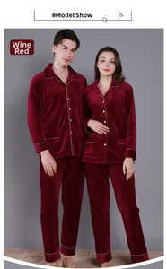 Detail of wine red waffle fleece pajama set featuring white piping and button closure