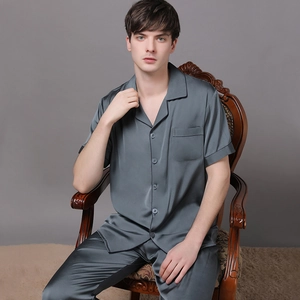 Men's silk satin pajama set with short sleeve top and long pants in charcoal grey