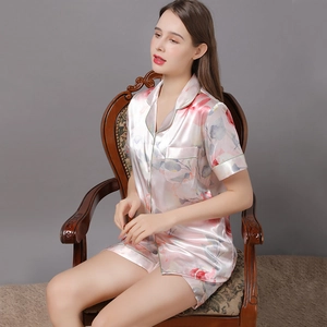 Women's Satin Floral Short Sleeve V-Neck Top And Bottom Luxurious Silk-Like Sleepwear For Summer Casual Home Wear Nightwear