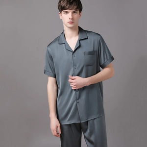 Men's silk satin short sleeve pajama set with long pants and button-down collar