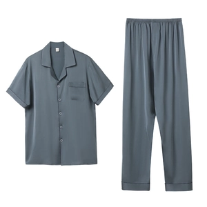 Men's silk satin pajama set with short-sleeve button-down shirt and long trousers