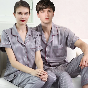 Silky silver striped couples pajamas set with short sleeve shirts and long pants